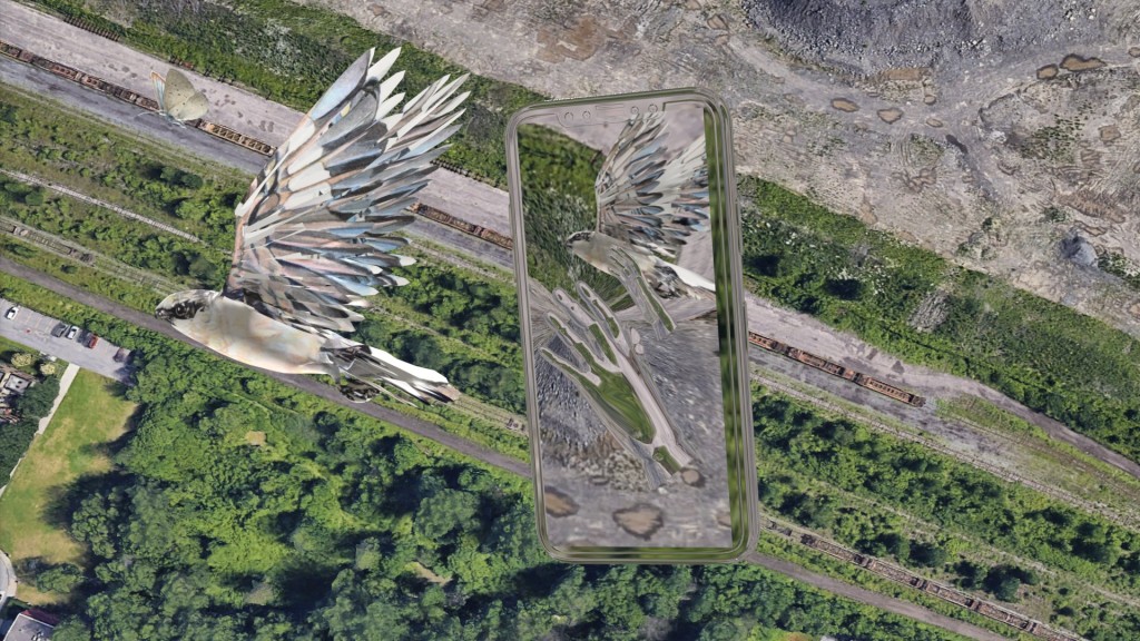 3d sketches loggerhead shrike flying over raymont logistics industrial park, montréal
